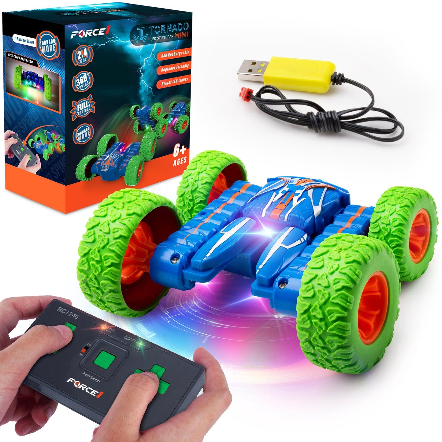 Force1 Mini Tornado LED RC Car for Kids with Rechargeable Toy Car Battery and Easy Remote Control - Force1RC