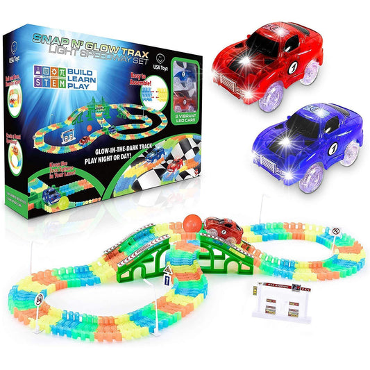 Glow in The Dark Race Car Tracks Flexible Bendable Track Set with Ramps, Bridge, 2 LED Cars (360pk) - Force1RC